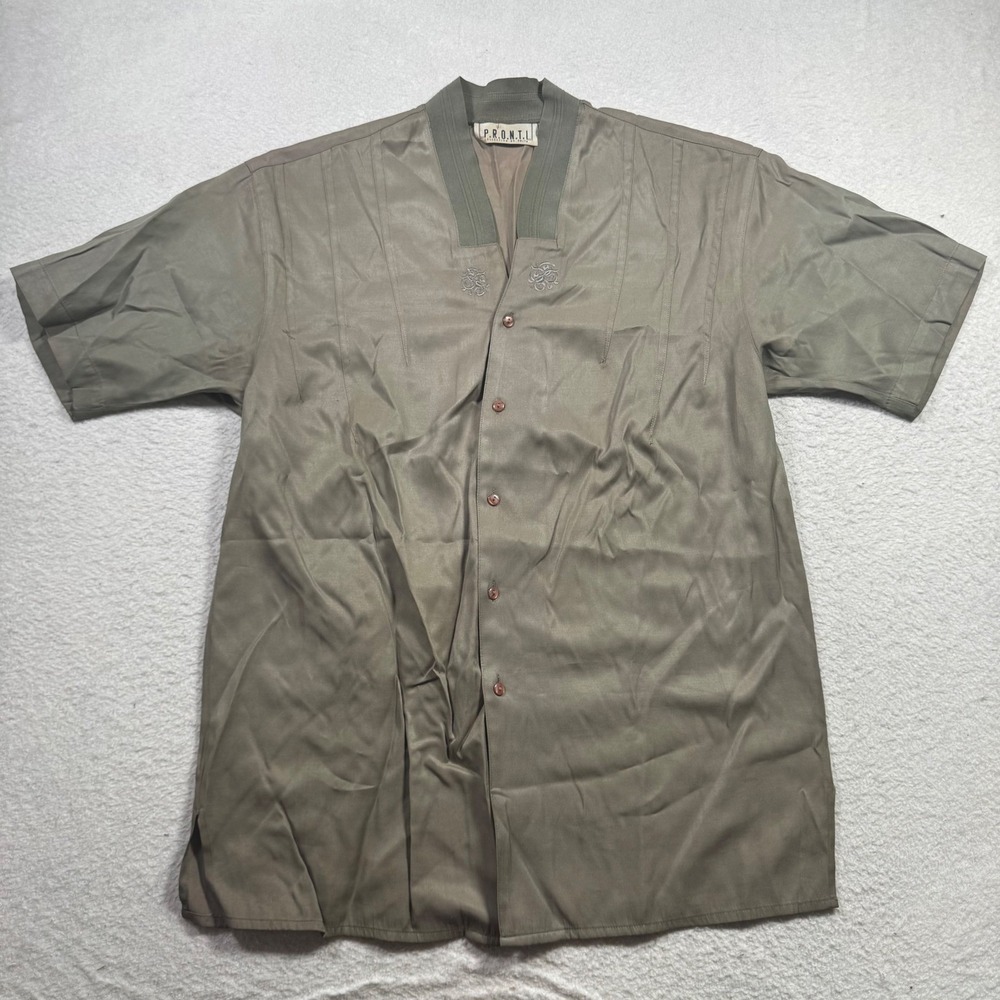 Pronti Button Up Shirt Mens Large Olive Green Good Ribbed Collar Embroidered 90s
